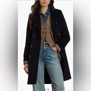 Lauren Ralph‎ Lauren Faux Leather Detail Wool Blend Coat Size 2 Navy Blue